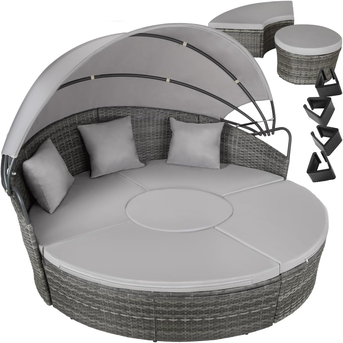 Bain de soleil Salon de jardin exterieur Modulable en Résine tressée avec Pare Soleil Pliable – tectake, Coussins Inclus, Gris