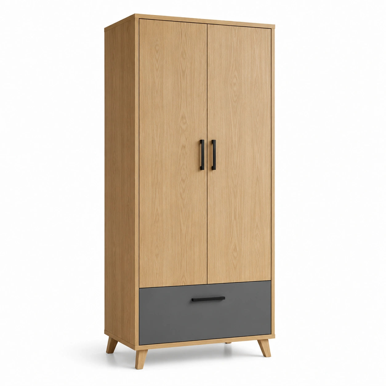 Armoire en bois de chêne et noir avec tiroir et portes doubles 180x80x50 cm