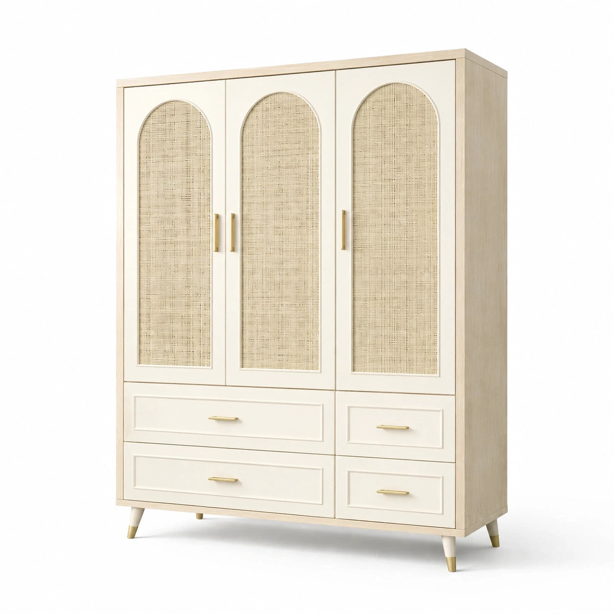 Armoire en bois de hêtre et rotin avec poignées dorées
