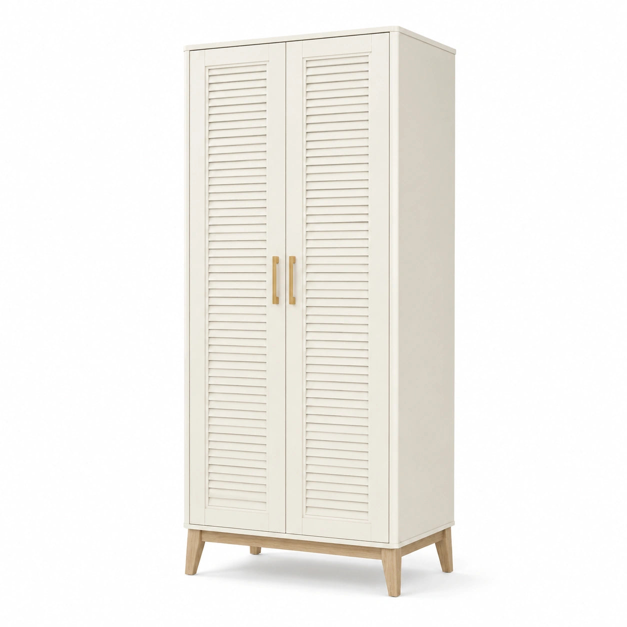 Armoire en bois avec portes persiennes et pieds en bois clair