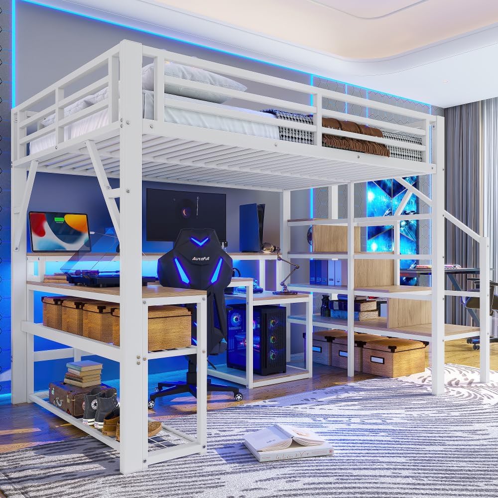 Lits – lit Mezzanine avec Bureau lit superposé Enfant, Lit Mezzanine 1 Place Enfant 140 x 200 cm avec éclairage LED et Port USB, Sapgaks, Blanc