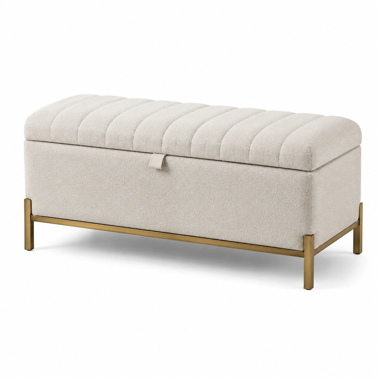 Banc de rangement en tissu et métal doré