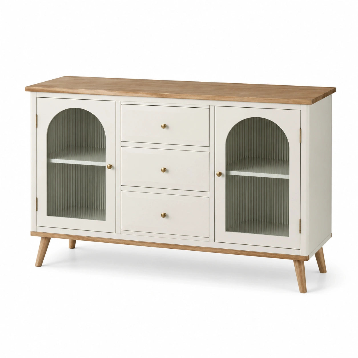 Buffet en bois avec portes en verre cannelé blanc et naturel
