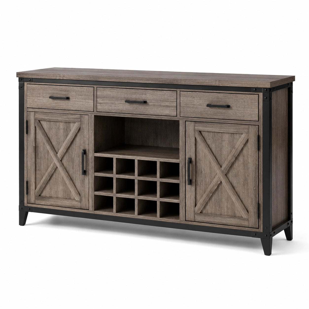 Buffet en bois et métal brun avec porte-bouteilles 152 cm