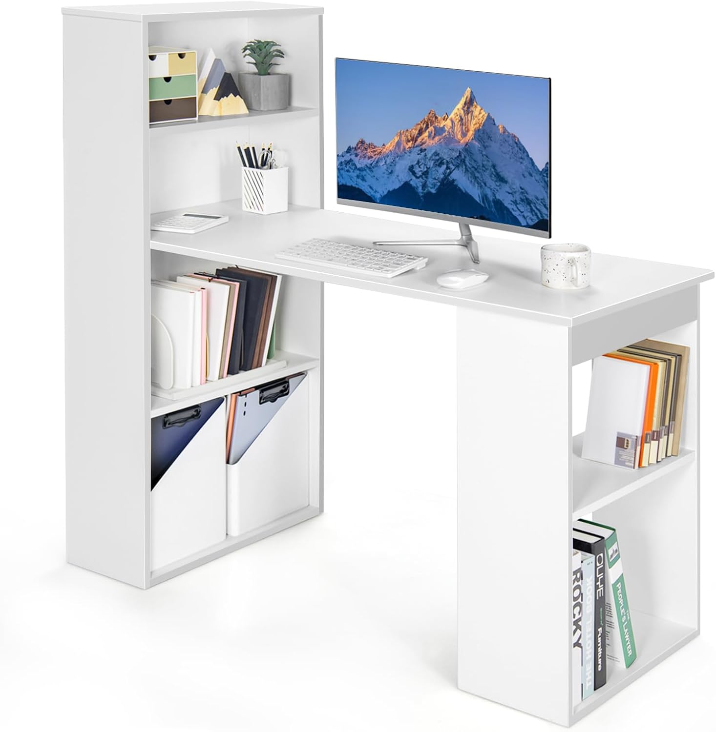 COSTWAY Bureau d'Ordinateur Réversible avec Bibliothèque – Poste de Travail Moderne avec Étagères de Rangement à 6 Niveaux, pour Maison, Blanc