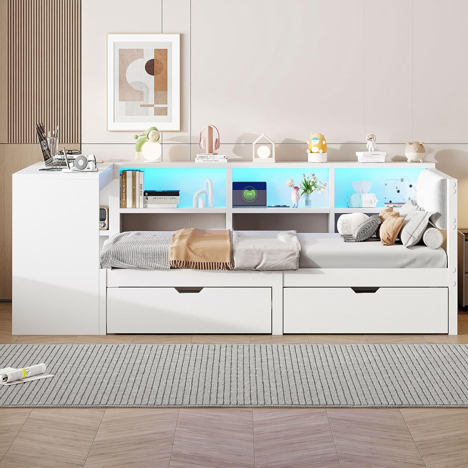 PUGSDRLY Lit 1 Place 90x200cm avec Bureau et Compartiment de Rangement – Canapé Lit avec 2 Tiroirs et éclairage LED