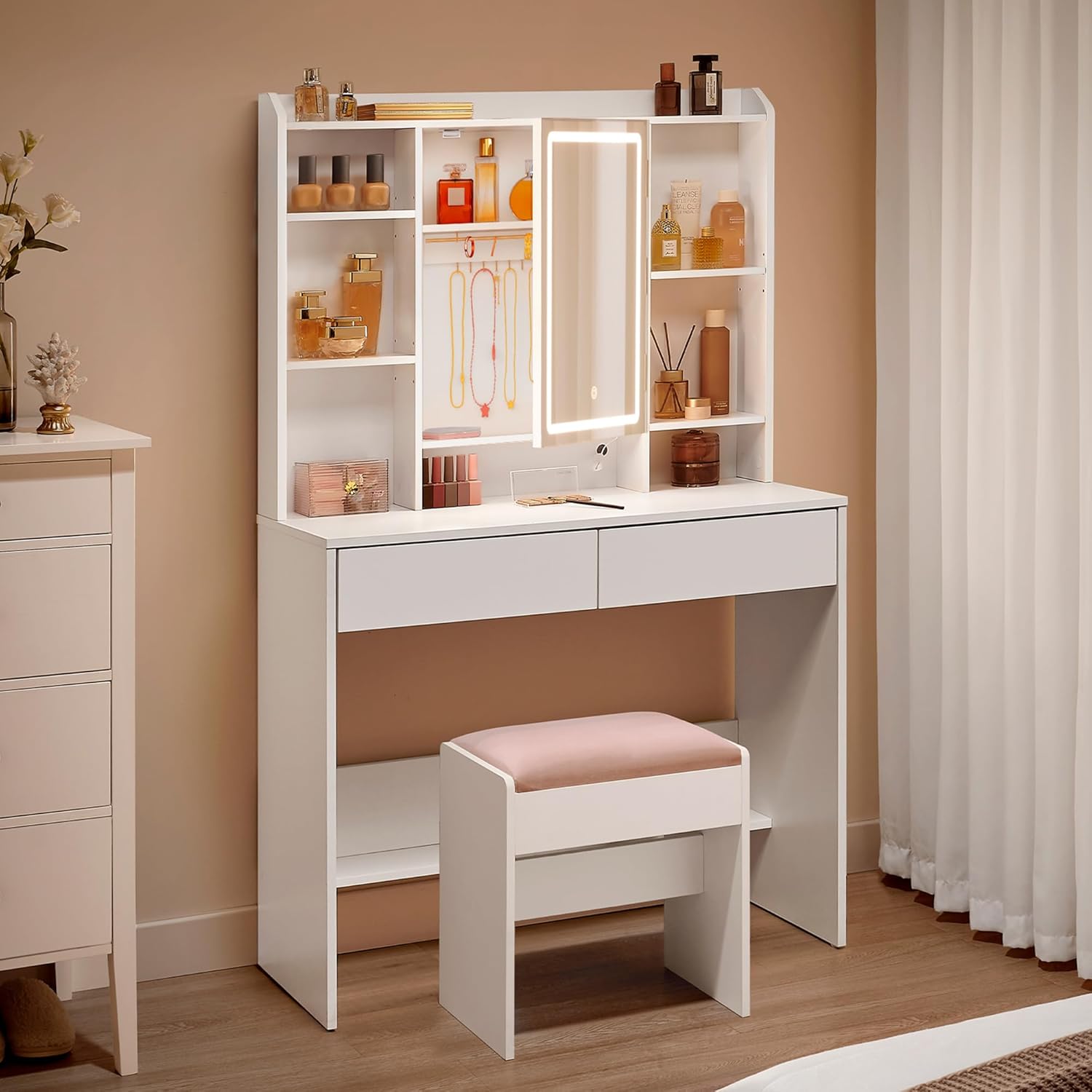 Coiffeuses – VASAGLE, Kailyn Collection - Coiffeuse avec Miroir LED et Tabouret, Blanc RDT723W01, 3 Couleurs, 2 Tiroirs, Luminosité Réglable