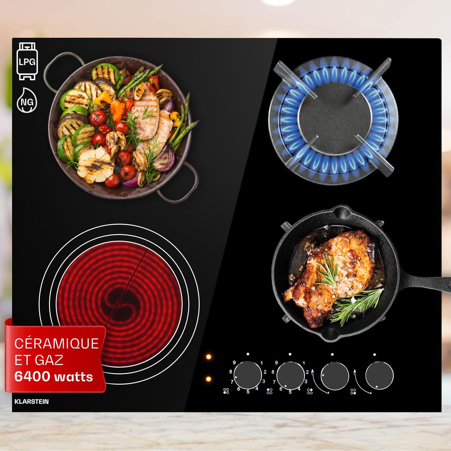 KLARSTEIN Plaque de Cuisson Mixte 4 Feux – 6.4kW, Acier Inoxydable, Vitrocéramique et Gaz, Noir