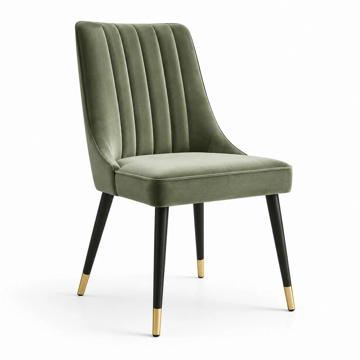Chaise en velours vert olive avec pieds en métal noir et embouts dorés