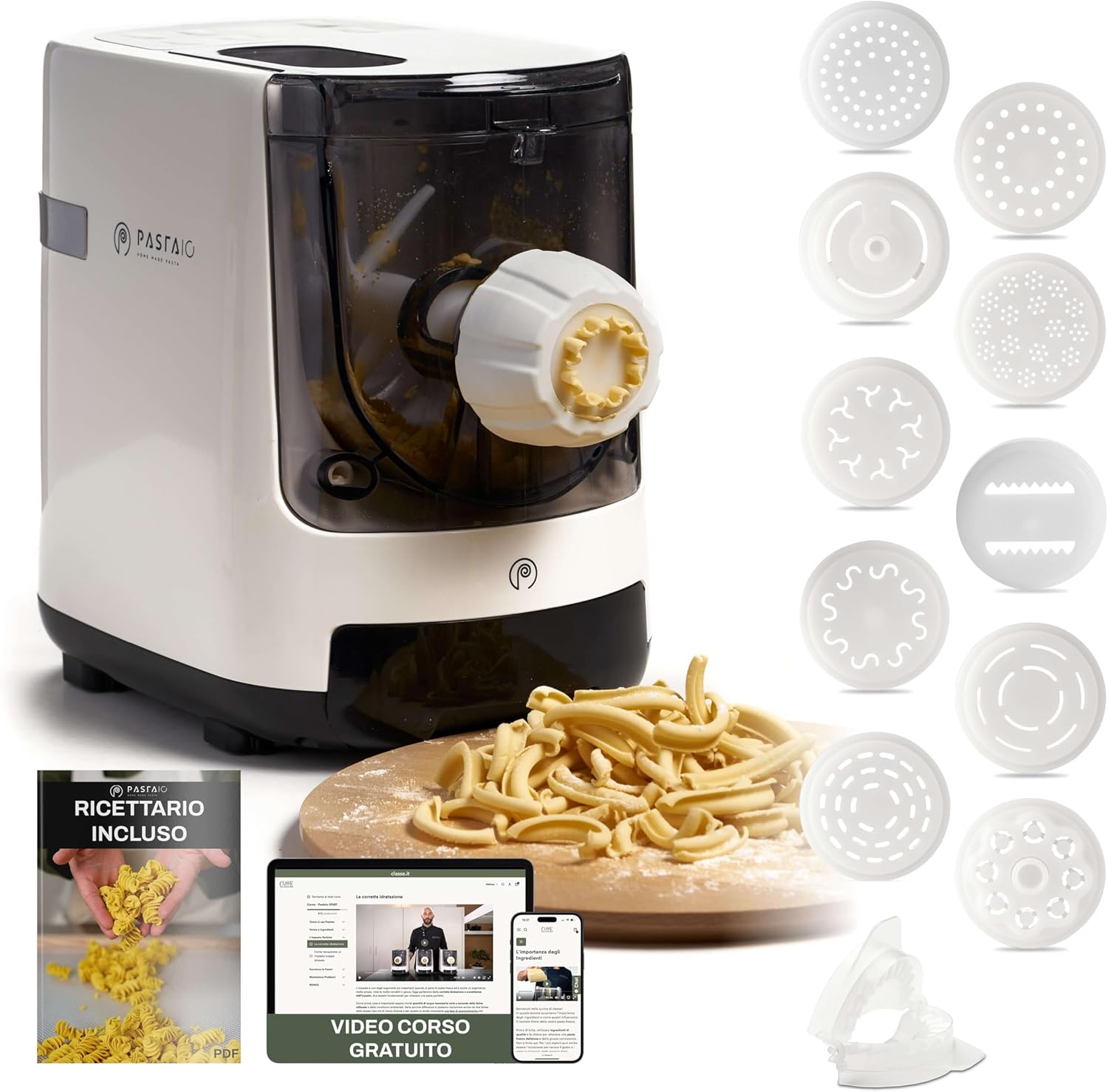 CLASSE ITALY PASTAIO Machine à pâtes avec 11 Matrices. Pasta Maker – jusqu'à 800g de pâtes, balance intégrée