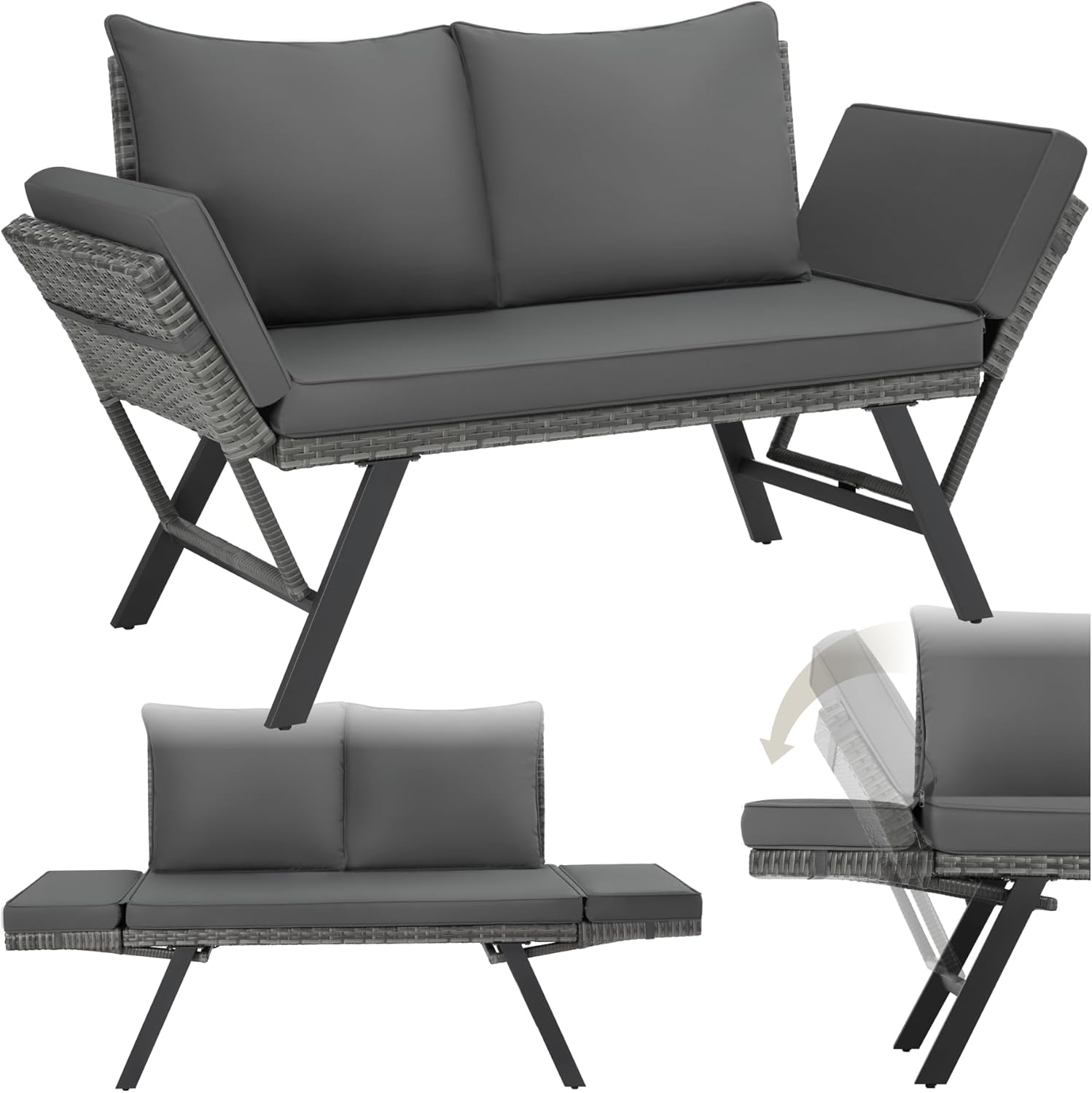 Salon de Jardin Exterieur 2en1 Canapé 2 Places Bain de Soleil en Résine tréssée – Canapés, tectake, Gris/Noir