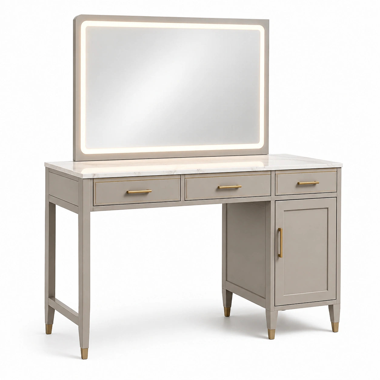 Coiffeuse bois avec miroir LED et surface marbre beige