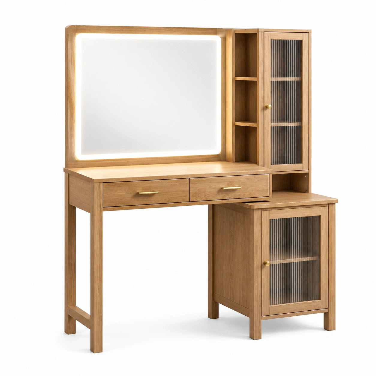Coiffeuse en bois avec miroir LED et rangements 120x45x150 cm