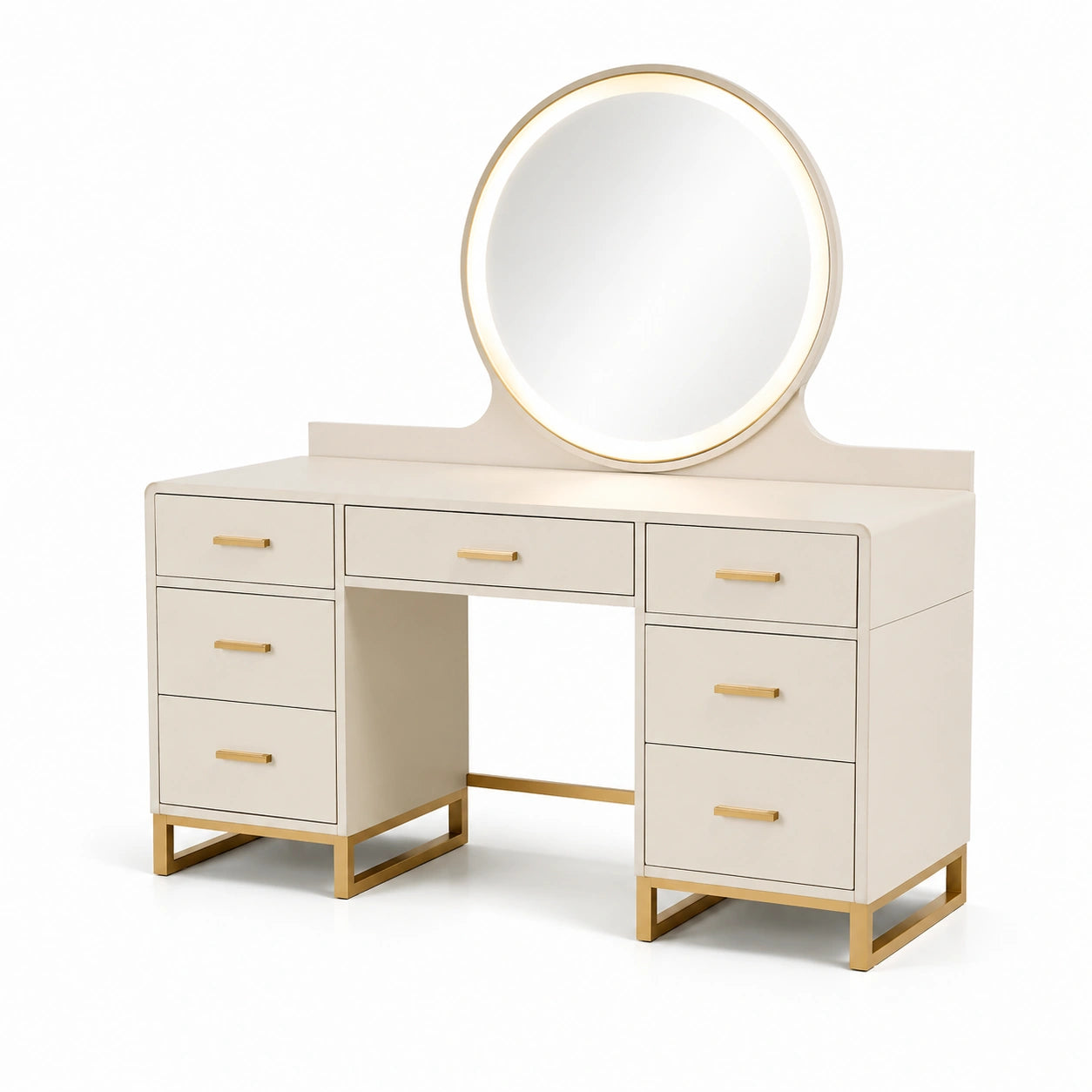 Coiffeuse en bois avec miroir rond lumineux et 6 tiroirs