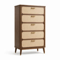Commode en bois de noyer et rotin avec tiroirs