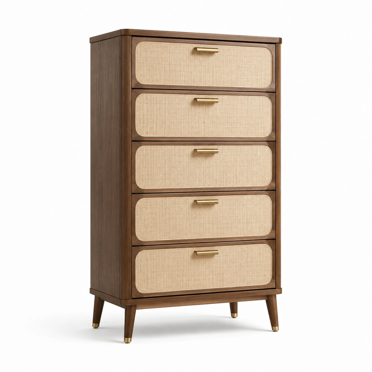 Commode en bois de noyer et rotin avec tiroirs