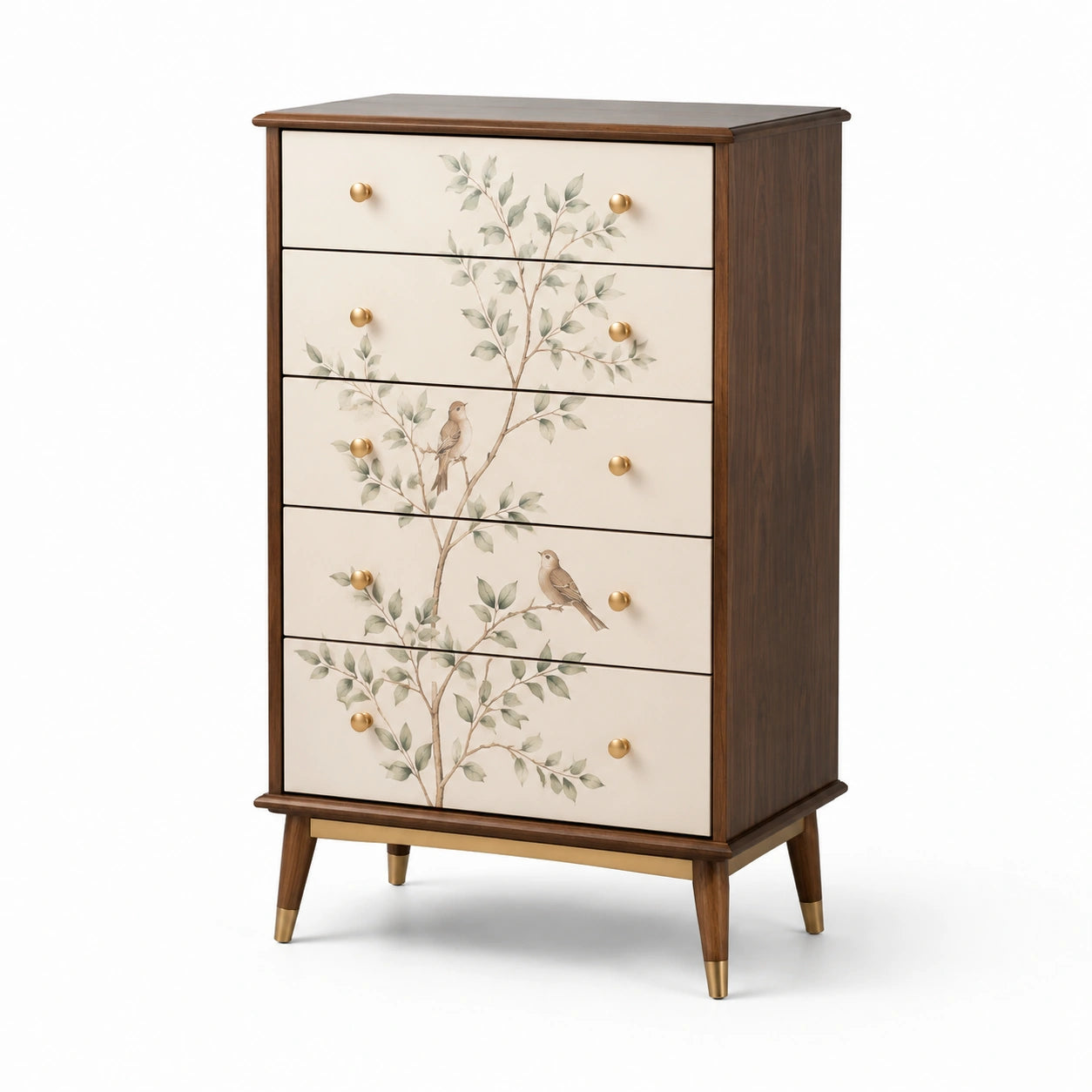Commode en Bois avec Motif Oiseaux 5 Tiroirs