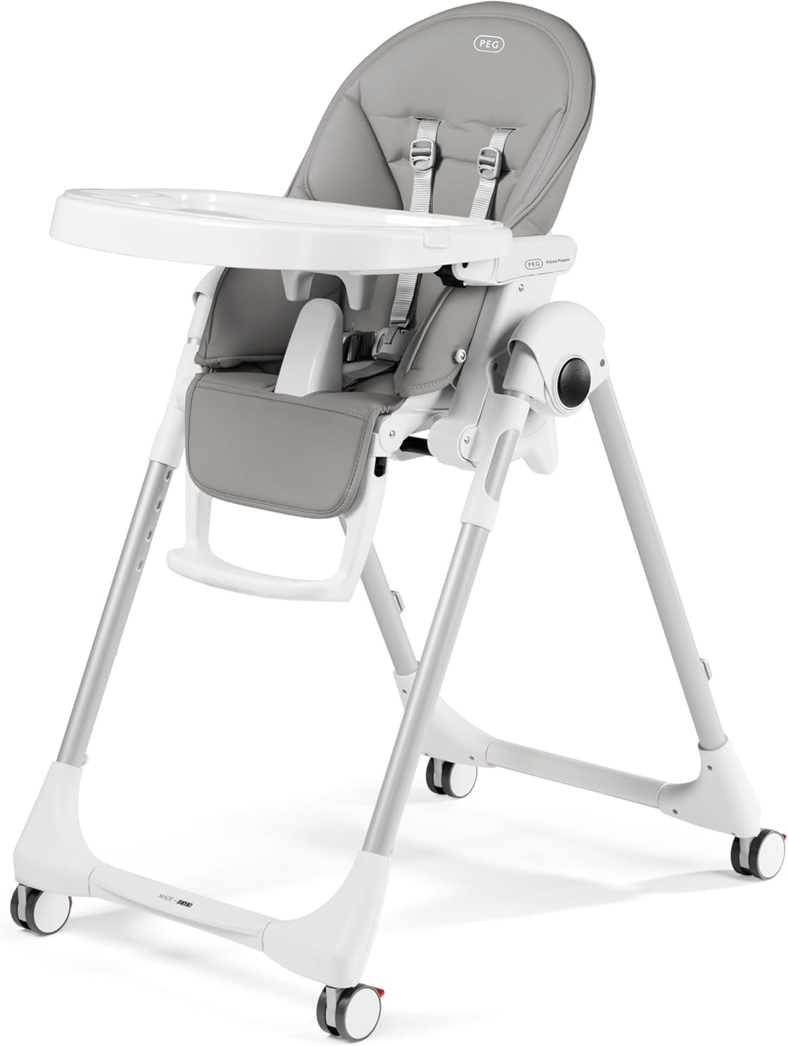Peg Perego PEG Prima Pappa Follow Me Chaise Haute Bébé Inclinable – Pliable et Ultra-Compacte, pour Enfants de 0 à 3 Ans, 0-15 kg, 4 Roues, Gris