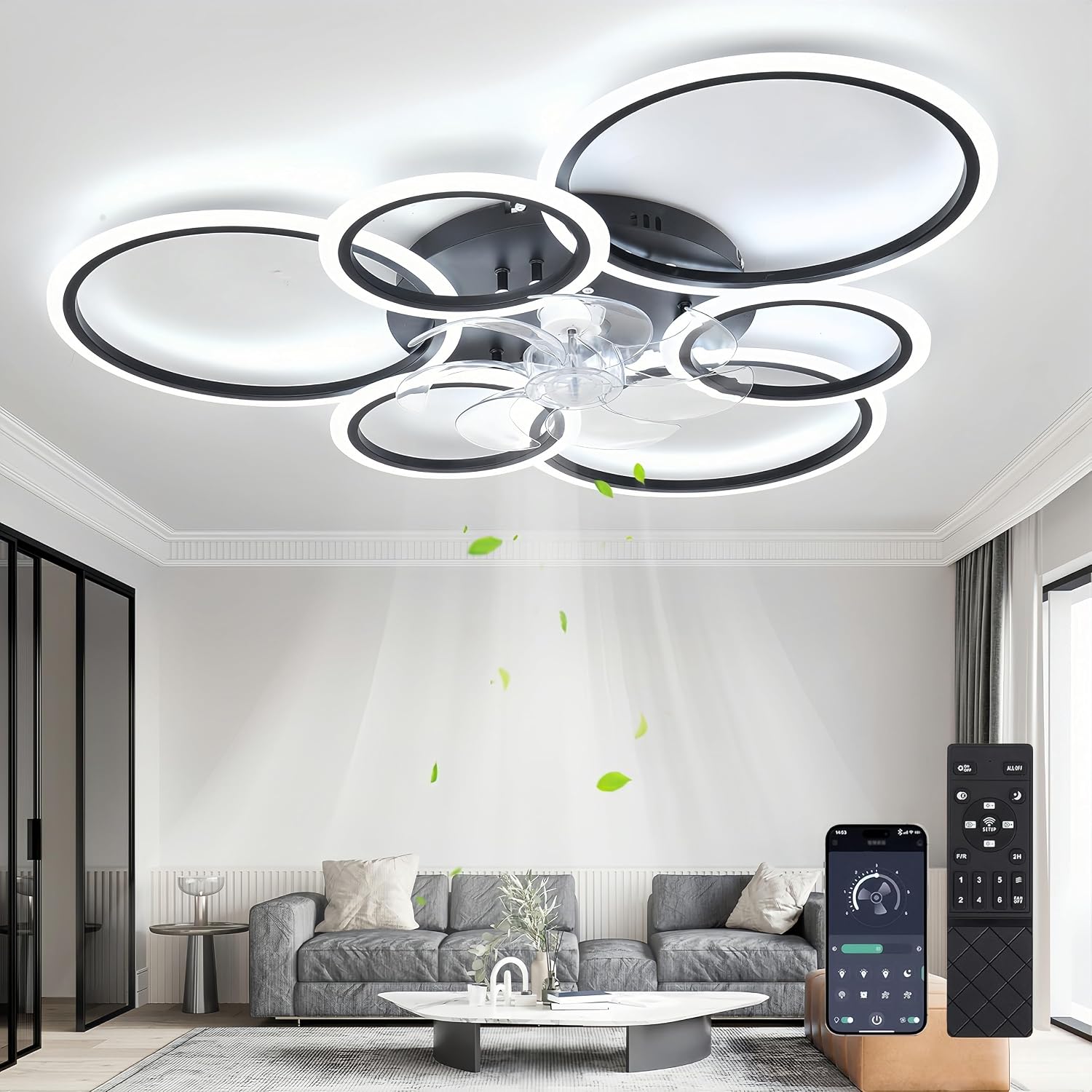 Ventilateur De Plafond Avec Lumière LED À Intensité Variable Et Télécommande – MiiR, 6 Vitesses, 85 Watts, 6800 Lumens, Noir, Minuterie
