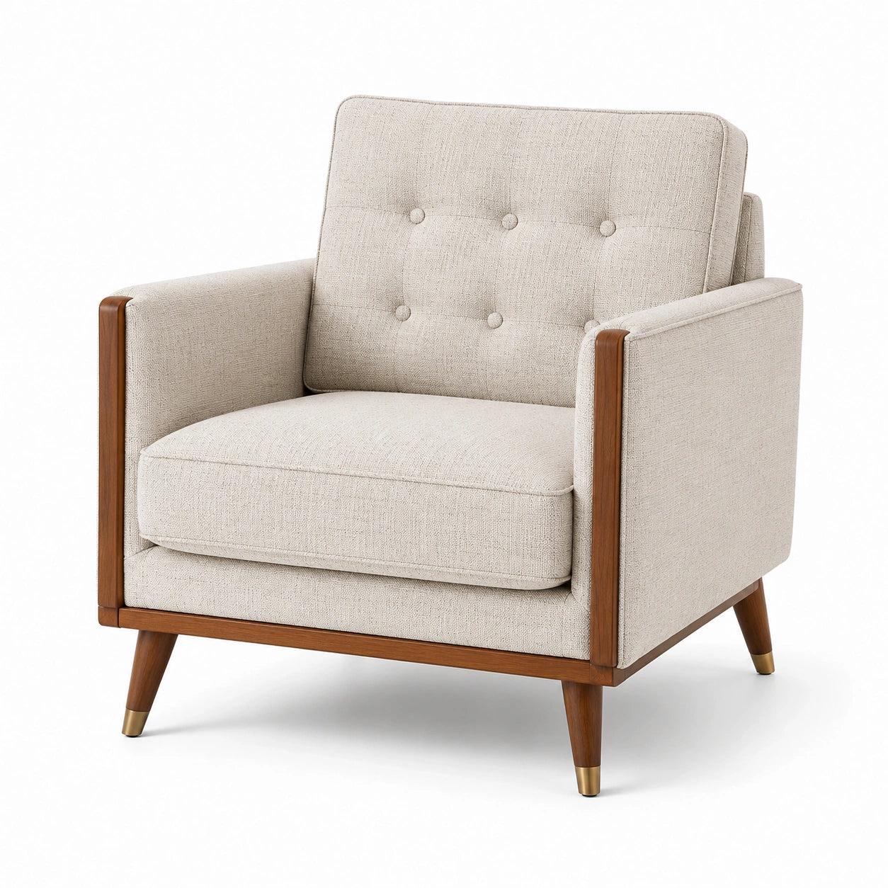Fauteuil en tissu avec cadre en bois et pieds en laiton