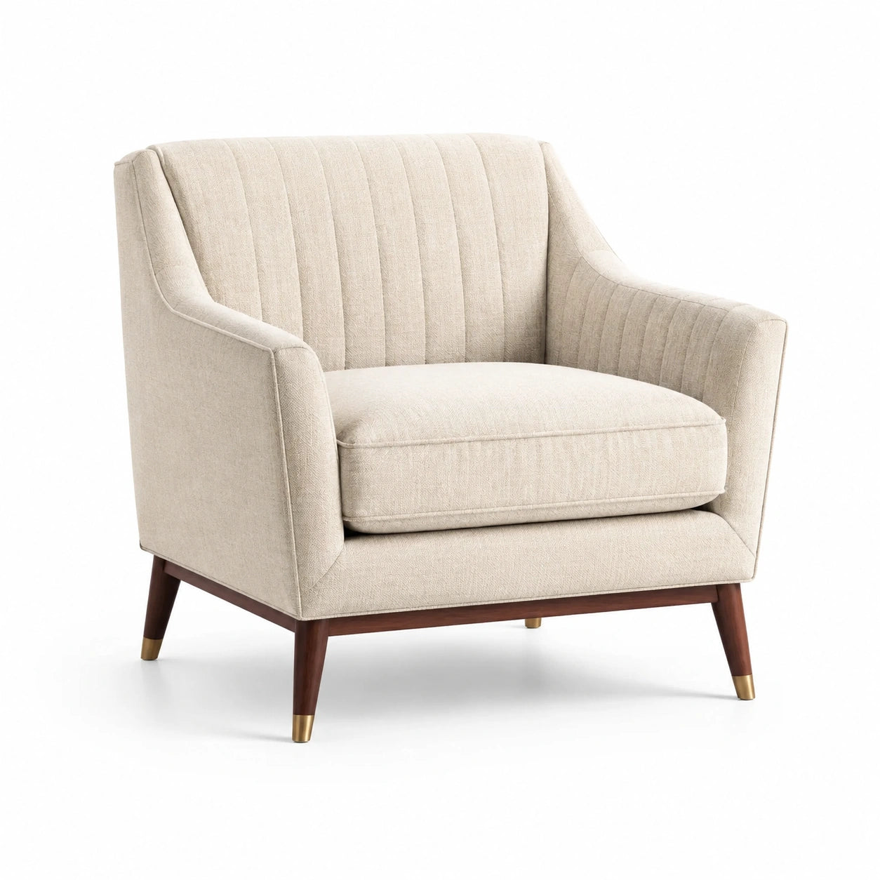 Fauteuil en tissu lin beige avec pieds en bois et accents dorés