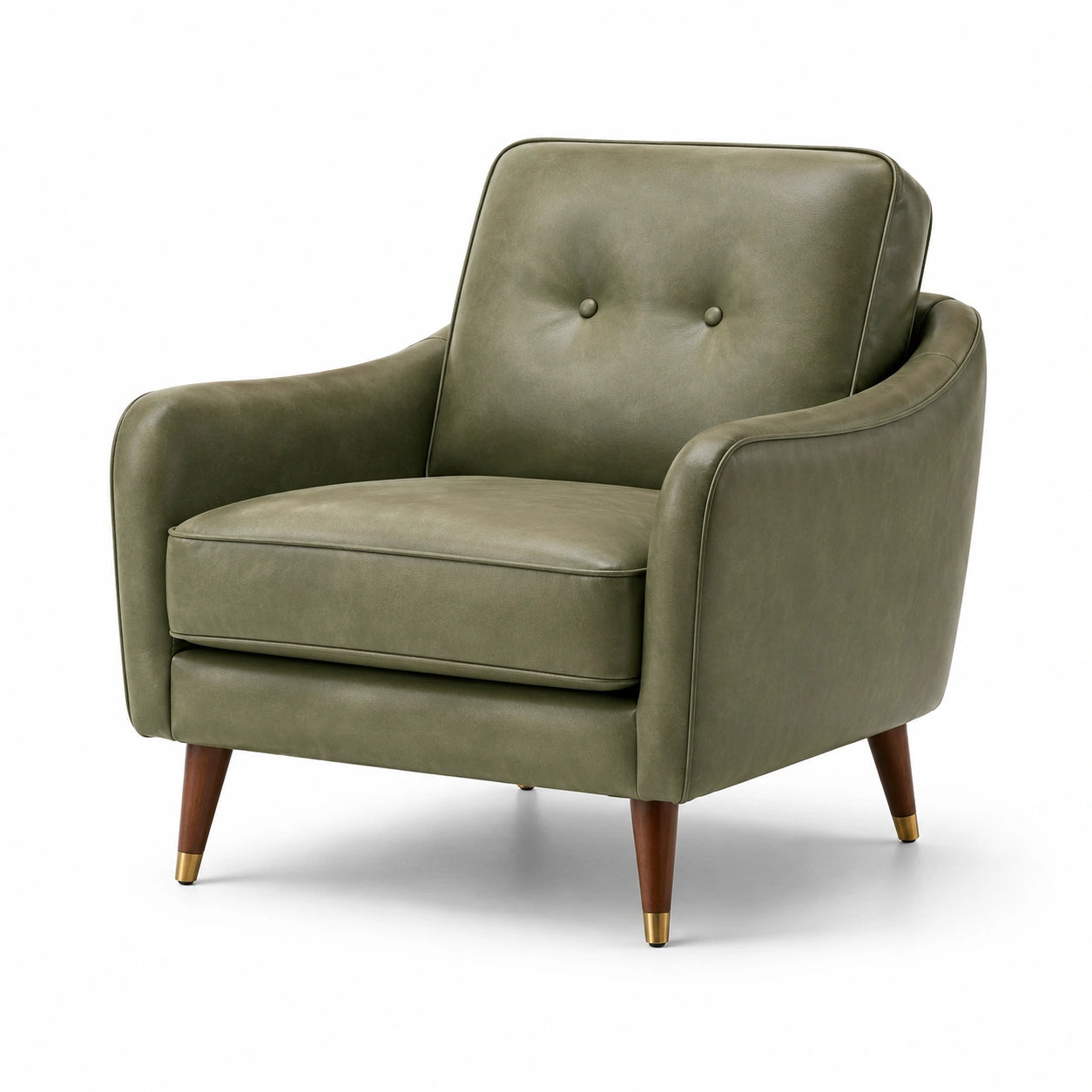 Fauteuil en cuir synthétique olive avec pieds en bois et métal