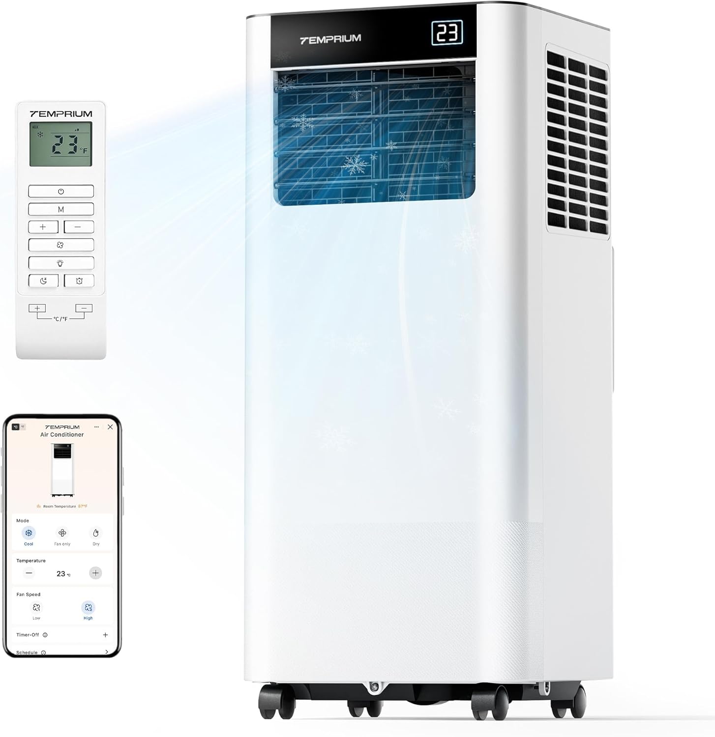 Temprium Climatiseur Mobile 7000 BTU – Contrôle Via Application/Télécommande, Idéal Pour Pièces Jusqu'à 20 m2, Silencieux <48 dB, Minuterie 24 H