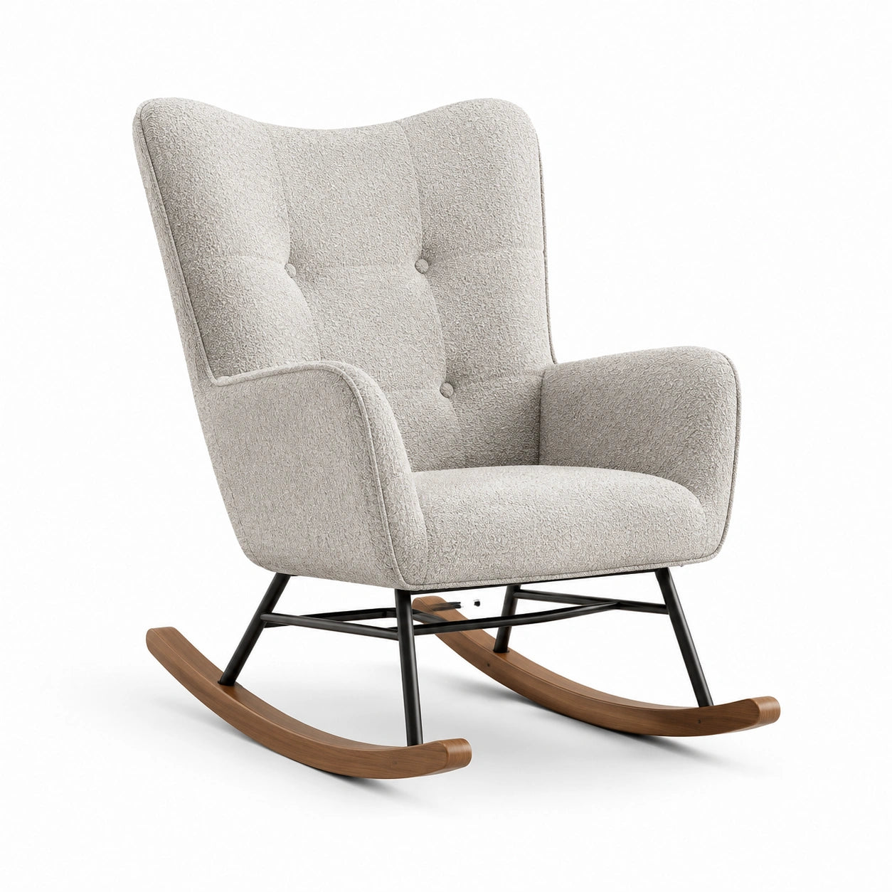 Fauteuil à bascule en tissu bouclé gris avec cadre en métal et base en bois