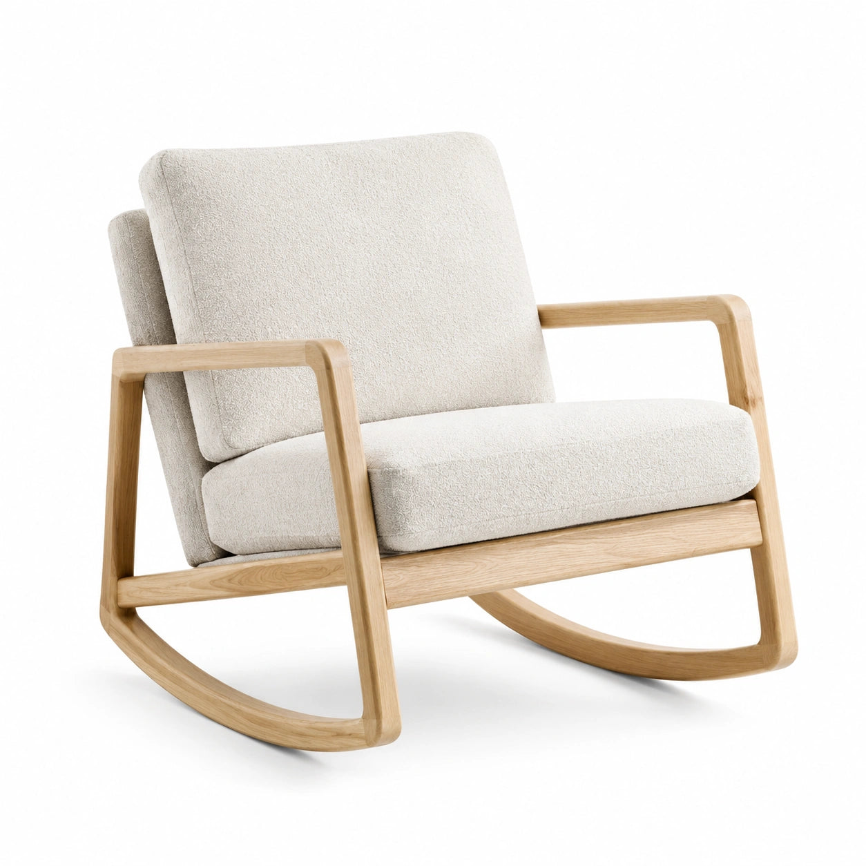 Fauteuil à bascule chêne avec coussins en tissu bouclé crème
