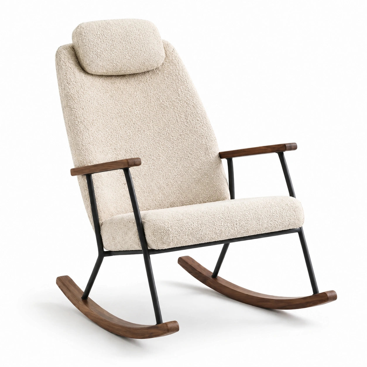 Fauteuil à bascule en tissu bouclé avec cadre en acier et accoudoirs en bois