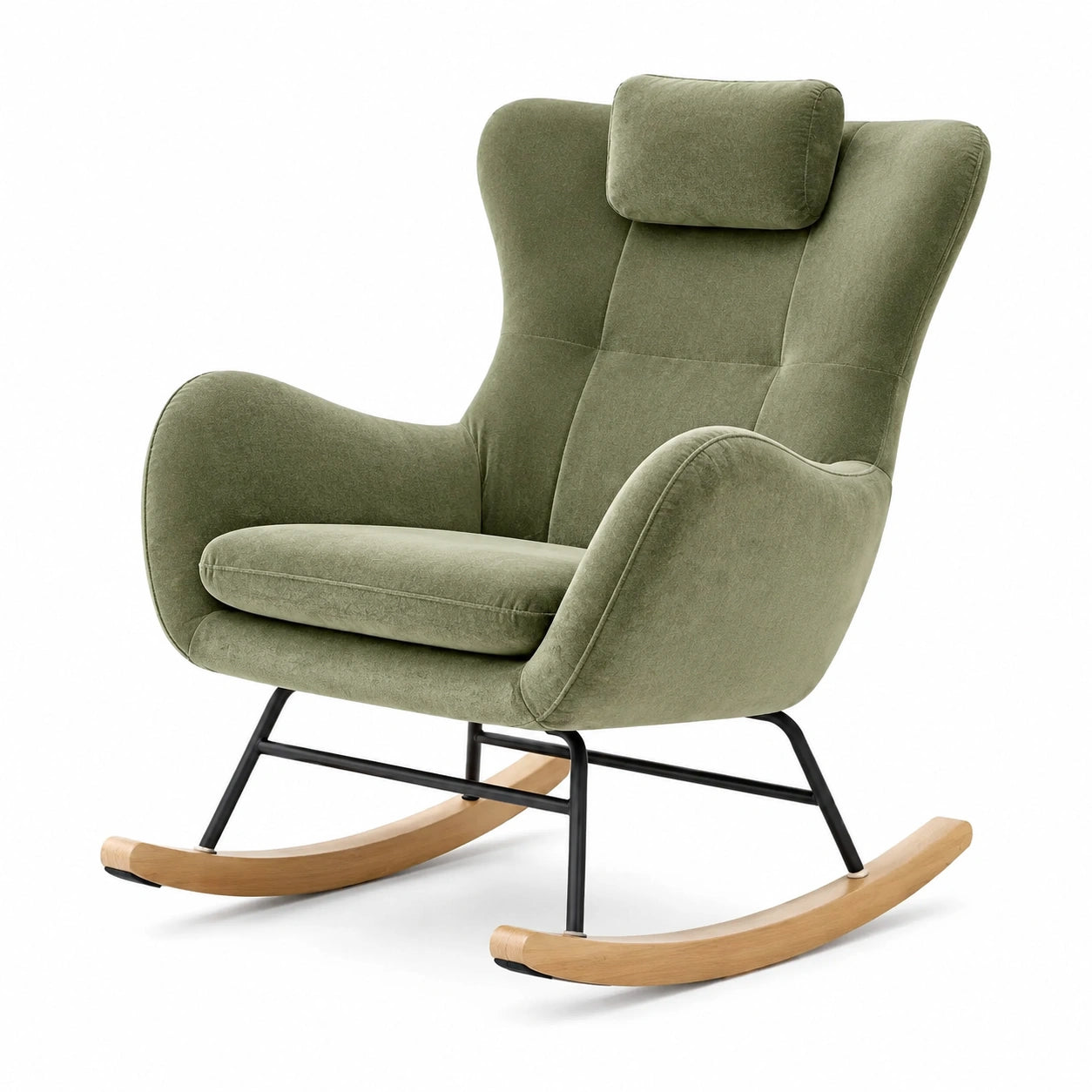 Fauteuil à bascule en velours vert avec structure en métal et bois
