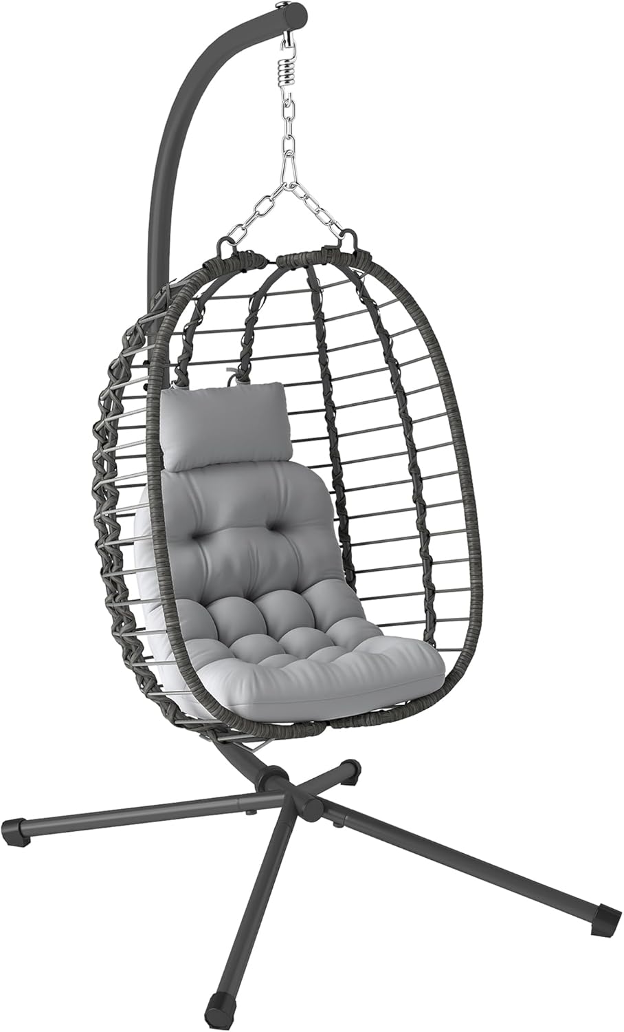 Fauteuil Suspendu Pliable en résine tressée avec Support – Sièges suspendus, Outsunny, Hauteur réglable, Cadre en Acier, Gris