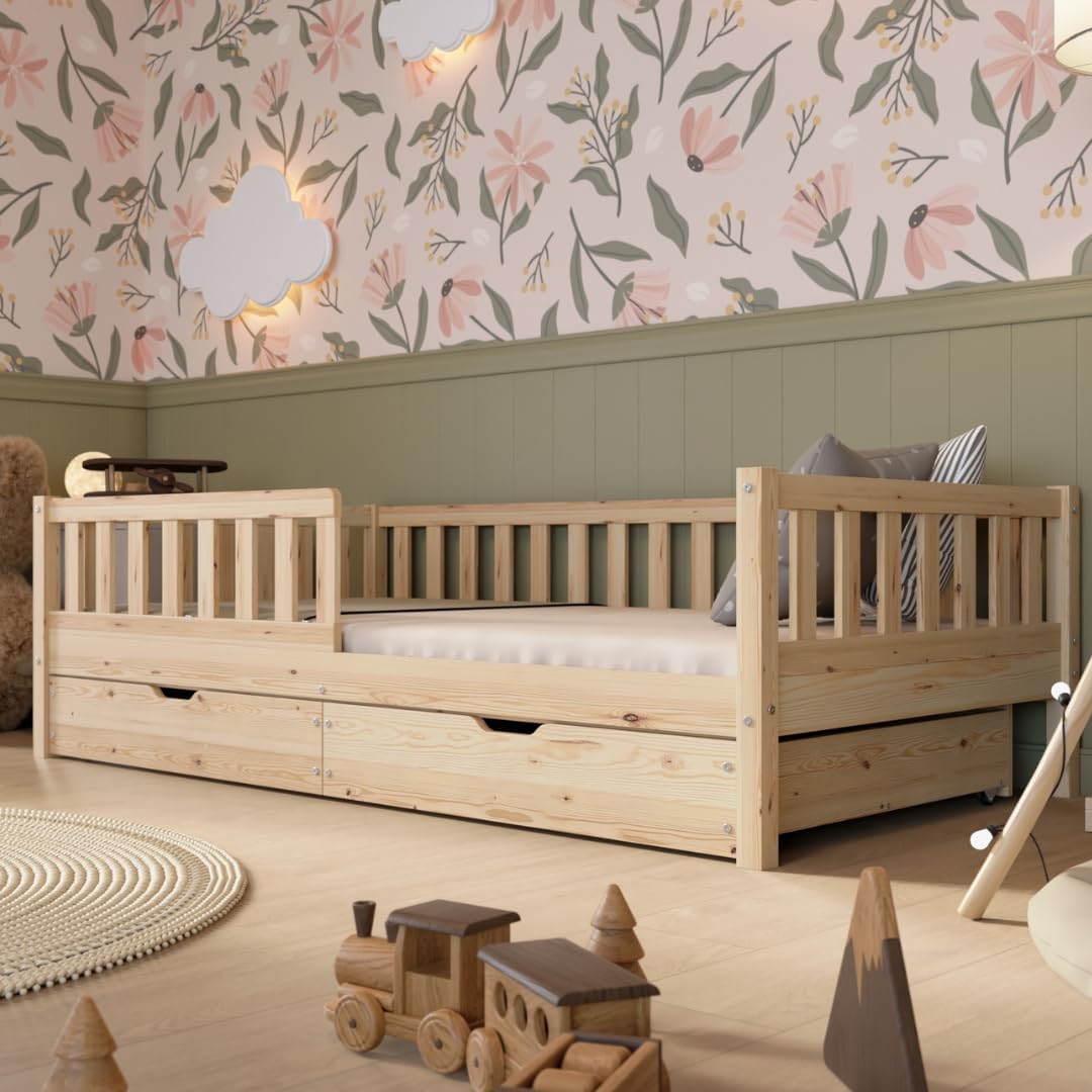 Lit Enfant avec Tiroirs 190x100 cm – Crazy Pine, Sécurisé pour Tout-Petit, Montessori au Sol en Bois Massif avec Barrière, Design Scandinave
