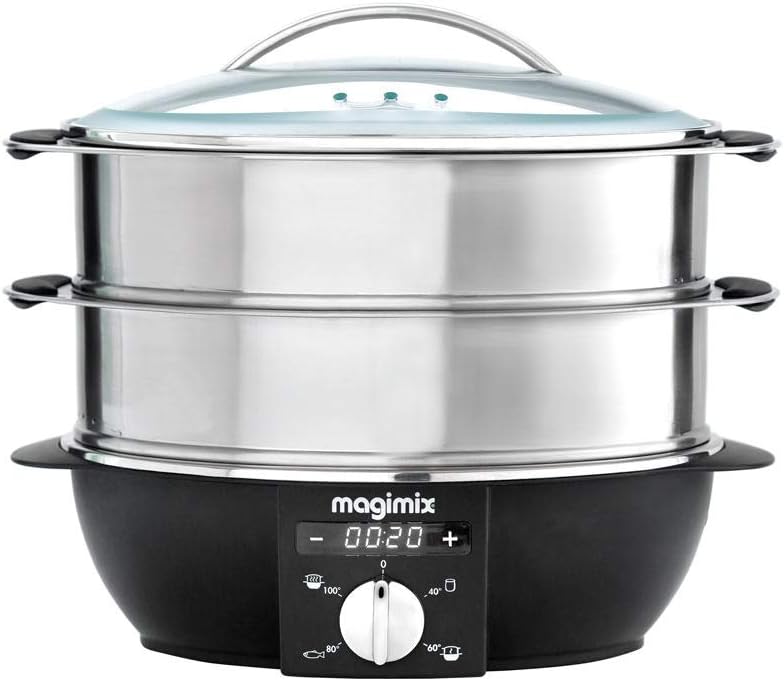 Magimix 11579 Cuiseur Vapeur avec 2 paniers Rotatif – 2 l, 2 l 1900 W, Acier Inoxydable 12, chromé, Verre, Chromé/Noir