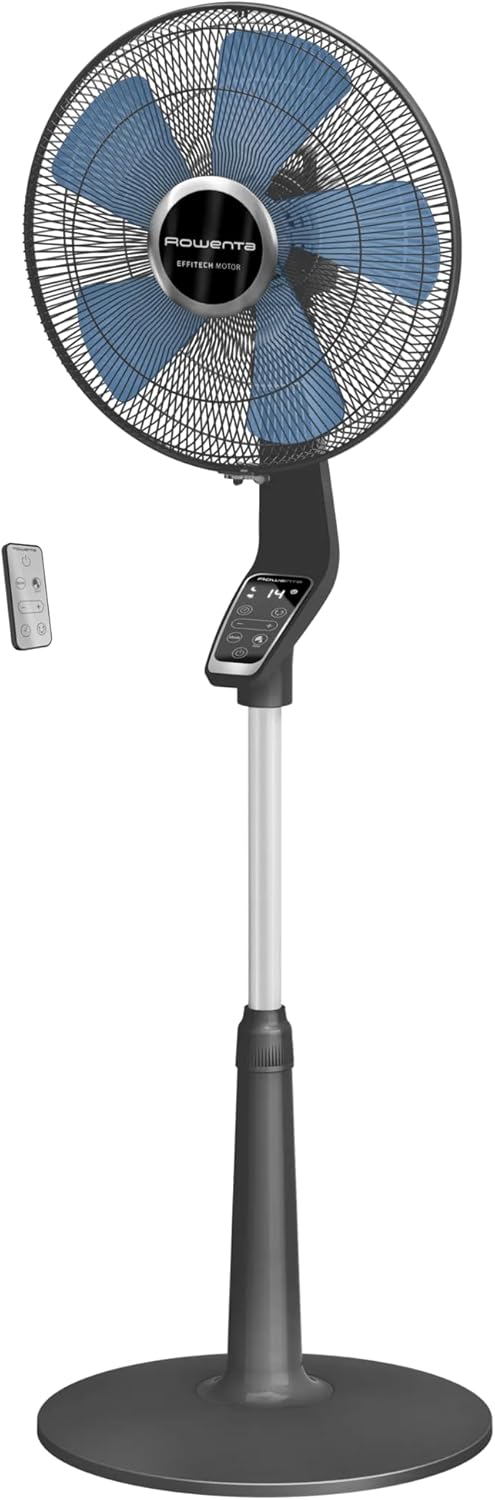 Turbo Silence Extreme Ventilateur sur pied puissant design durable économie d'énergie VU5677 – Rowenta, Bleu/Noir/Gris
