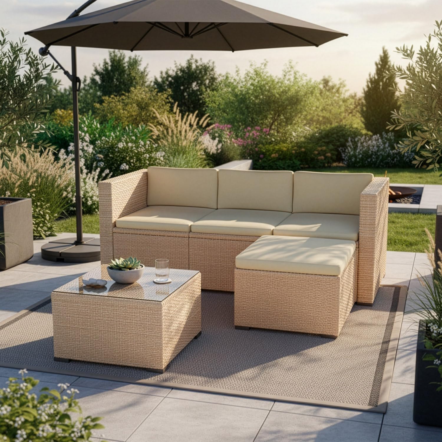 Juskys Salon de Jardin en polyrotin Lounge Punta Cana M – Table & Coussins - 3-4 Personnes - Crème/Sable, Tabouret