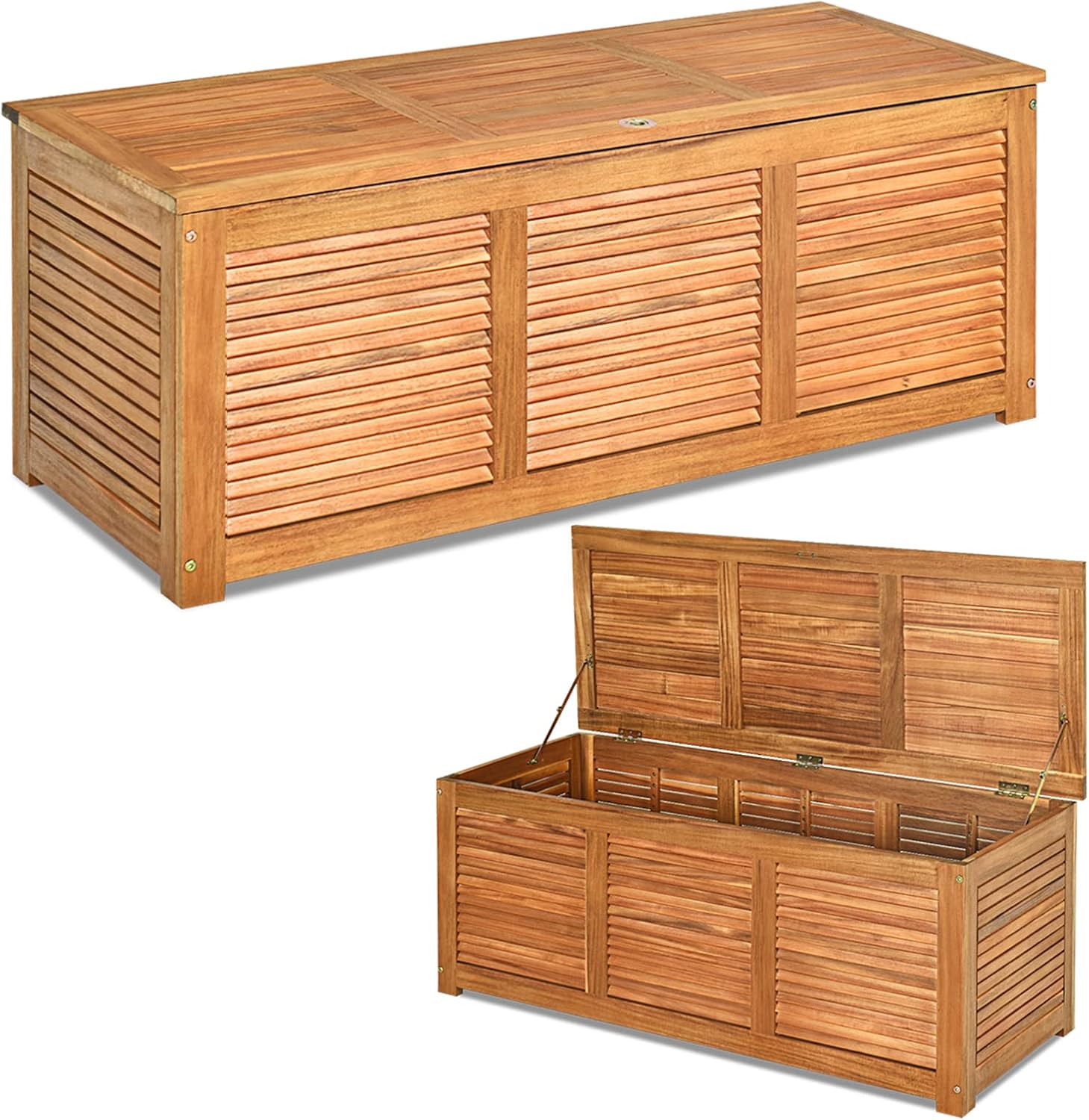 COSTWAY Coffre de Jardin Exterieur en Bois d'Acacia – Coffre de Rangement 178 L avec Couvercle Rabattable Charnière en Métal, 120 x 45 x 45 cm
