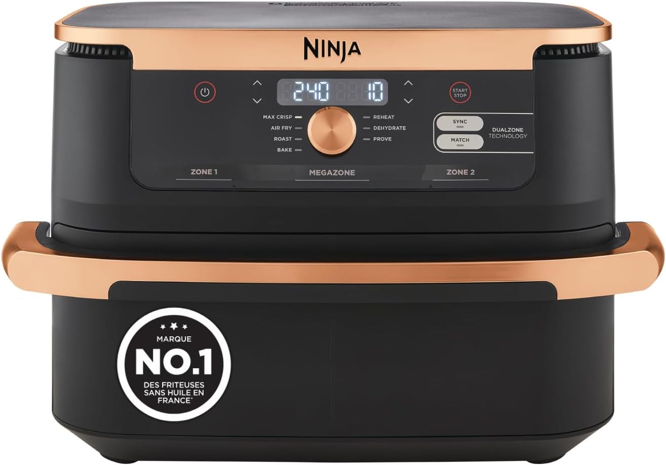 NINJA Foodi FlexDrawer Air Fryer – Dual Zone Avec Séparateur Amovible, Grand Tiroir de 10.4 L, 7-en-1, AF500EUCP, Noir & Cuivre, Double Zone