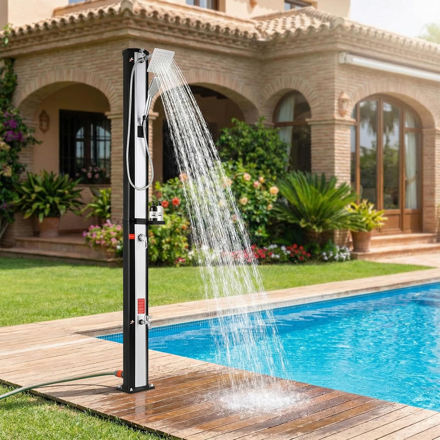 LIFERUN Douche Solaire 40L – 4PCS Clous de Terre, avec Pommeau de Douche, Eau Chaude jusqu'à 60 °C, Douchette, Robinet