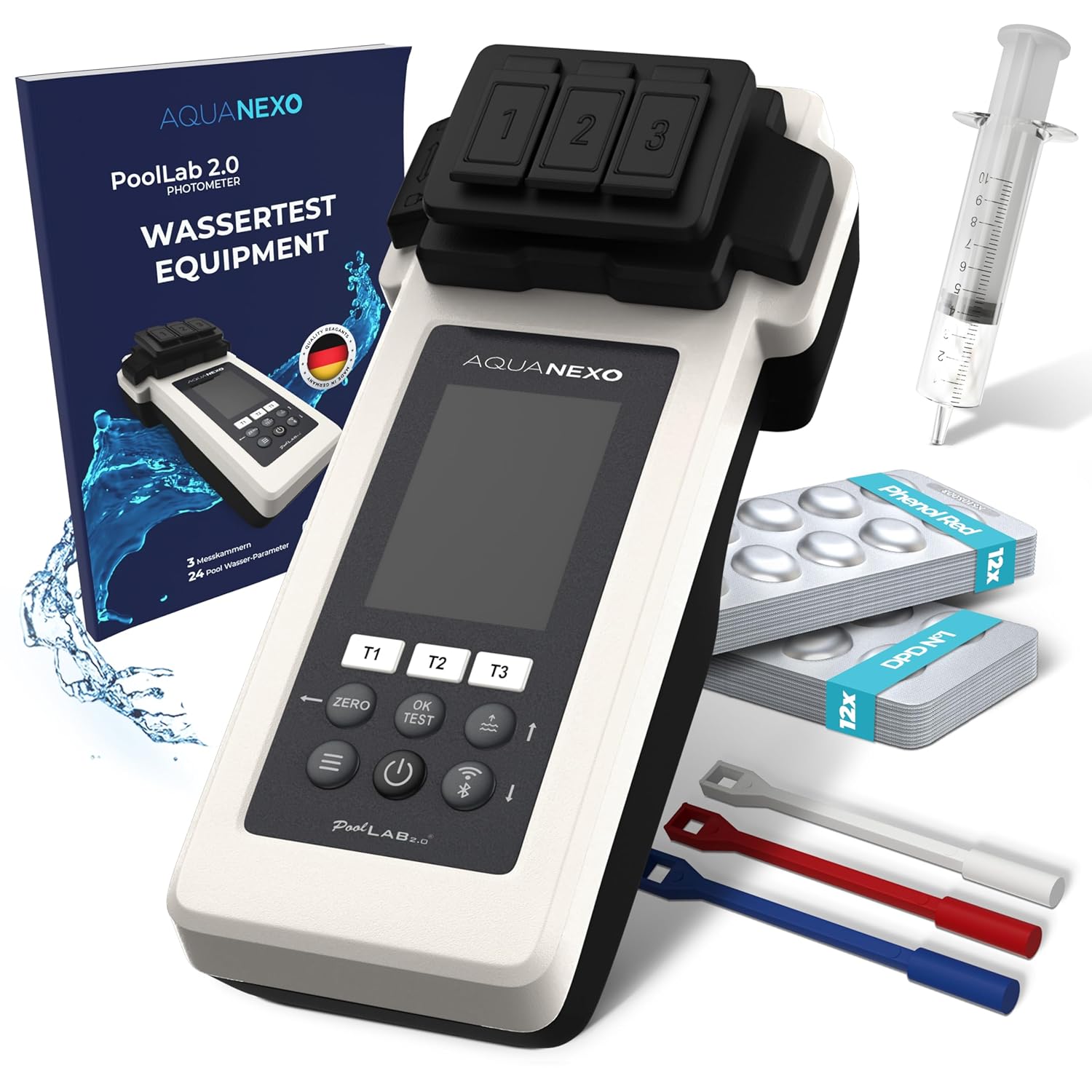 Produits de mesure – AQUANEXO, Poollab 2.0 + 240 pastilles de test, chlore et pH, testeur de piscine, pataugeoire, Noir/Blanc