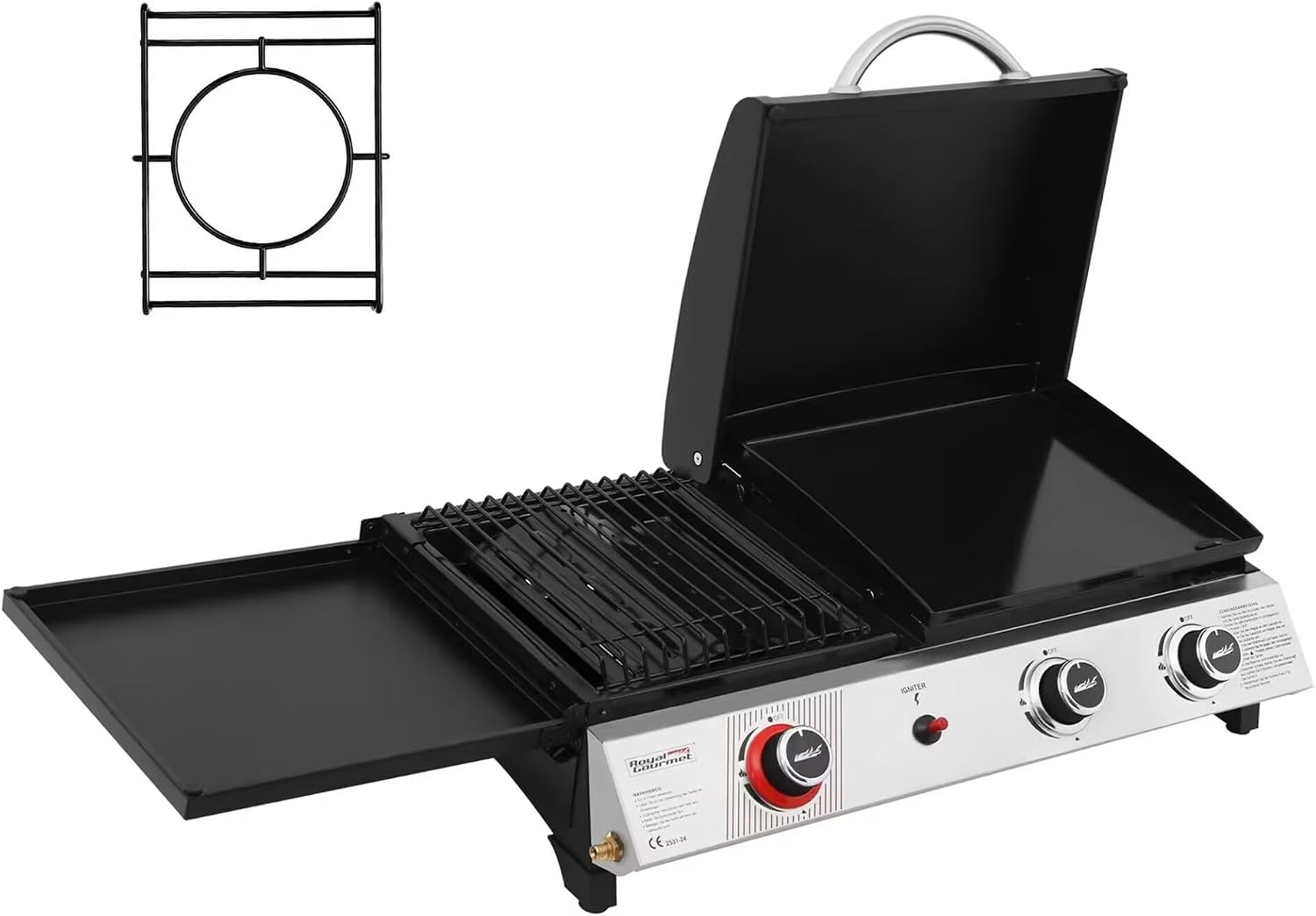Royal Gourmet 3 Brûleurs Barbecue Gaz Portable – 3 en 1 Plancha et Grille en Émaillés Combinés avec Couvercle Multifonctionnel, Noir