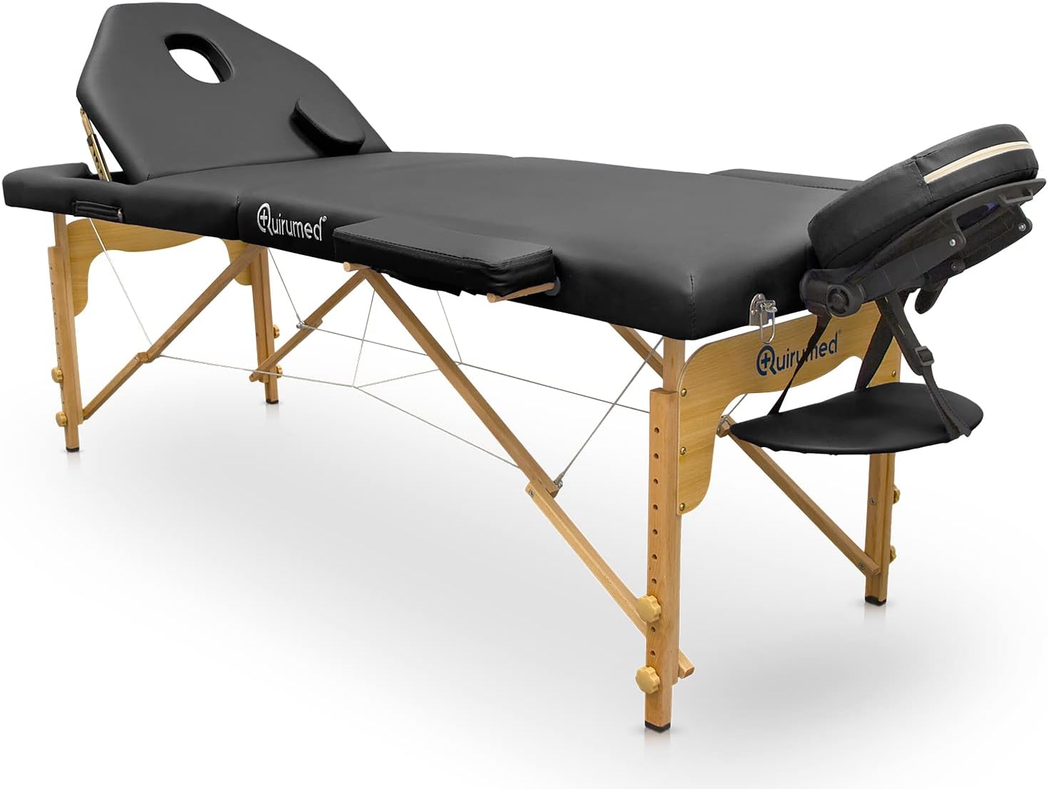 QUIRUMED Civière Pliante en Bois Pro 194 x 70 cm avec Dossier Rabattable – Hauteur réglable jusqu'à 150 kg, Similicuir