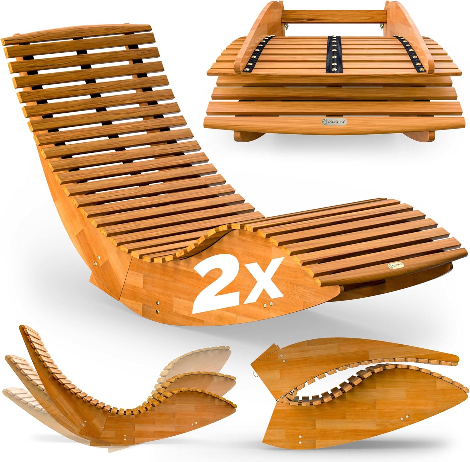 Bains de soleil – Casaria, 2X Chaise Longue à Bascule Pliable en Bois d'acacia certifié FSC Transat Ergonomique Bain de, Marron