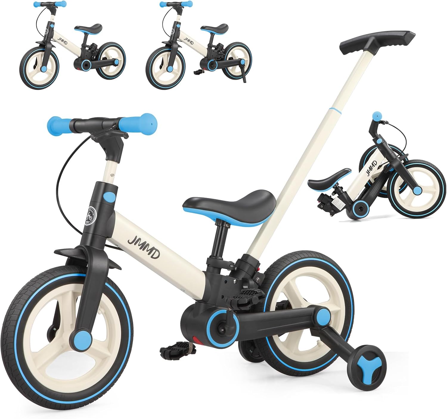 JMMD Draisienne Évolutive – Vélo à Roues Stabilisatrices et Pédales Amovibles, Noir/Bleu/Beige