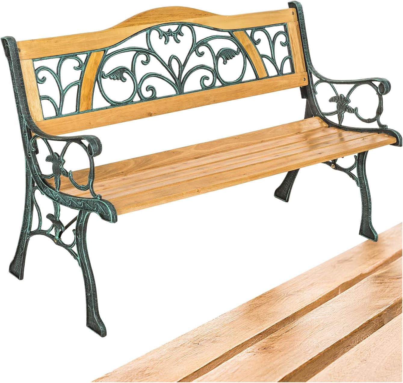 tectake Banc de Jardin Solide en Bois Naturel laqué et Fer Forgé – Banquette de Jardin Résistant aux intempéries