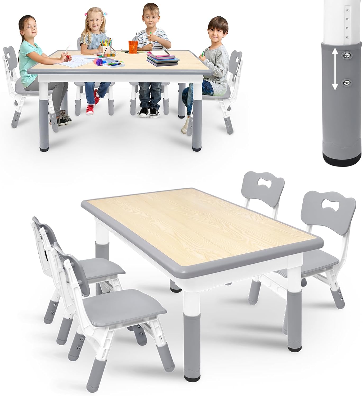 Table pour enfants avec ensemble de 4 chaises – Ensembles de tables et chaises, ACXIN, hauteur réglable, crèche et, Gris/Blanc/Bois