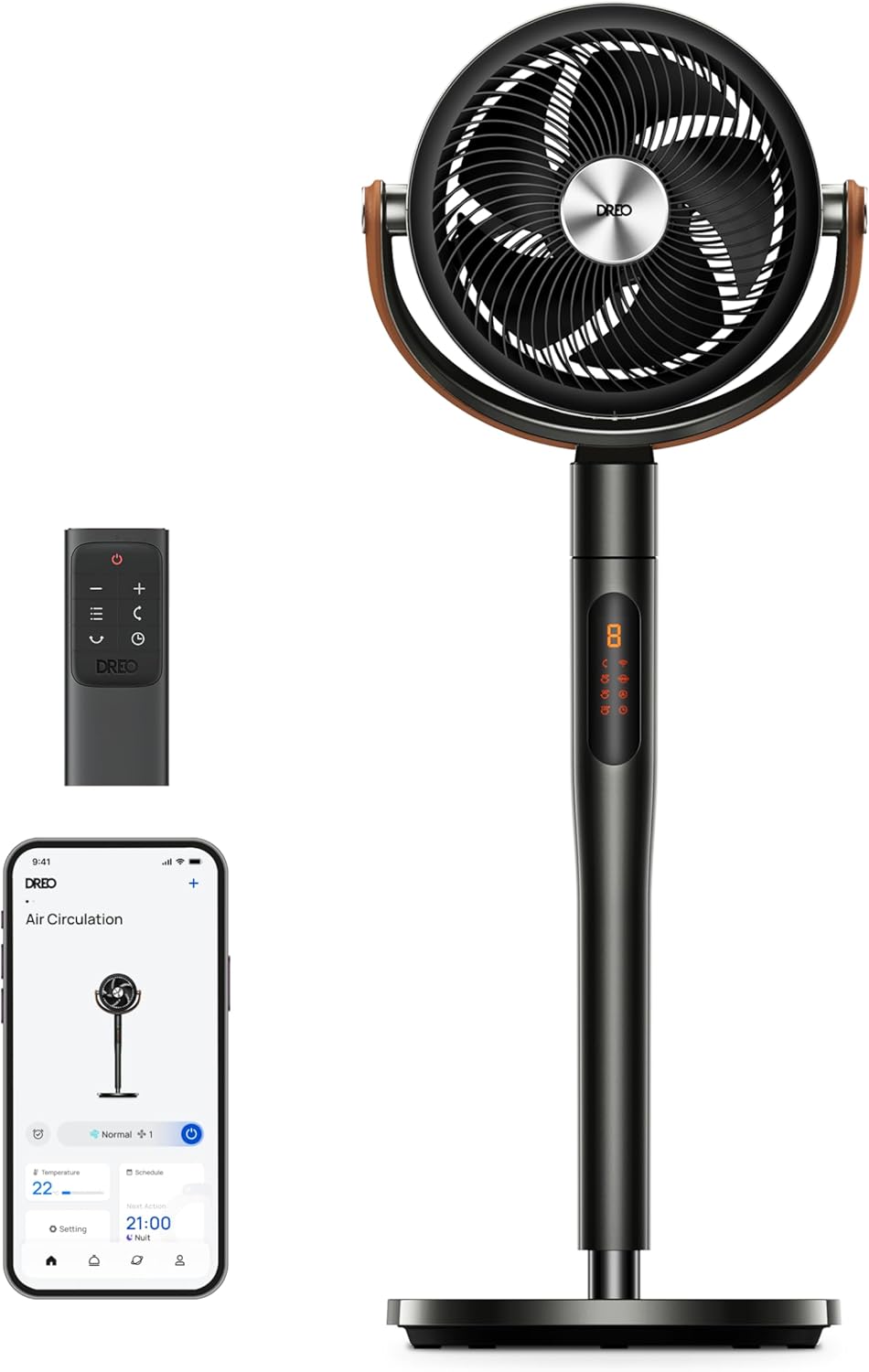 DREO Smart Ventilateur sur Pied 25dB Silencieux – avec Télécommande, 6 Modes, 8 Vitesses, Flux d'air 7.5 m/s, Portée de 30 m, Minuterie 12 h, Noir
