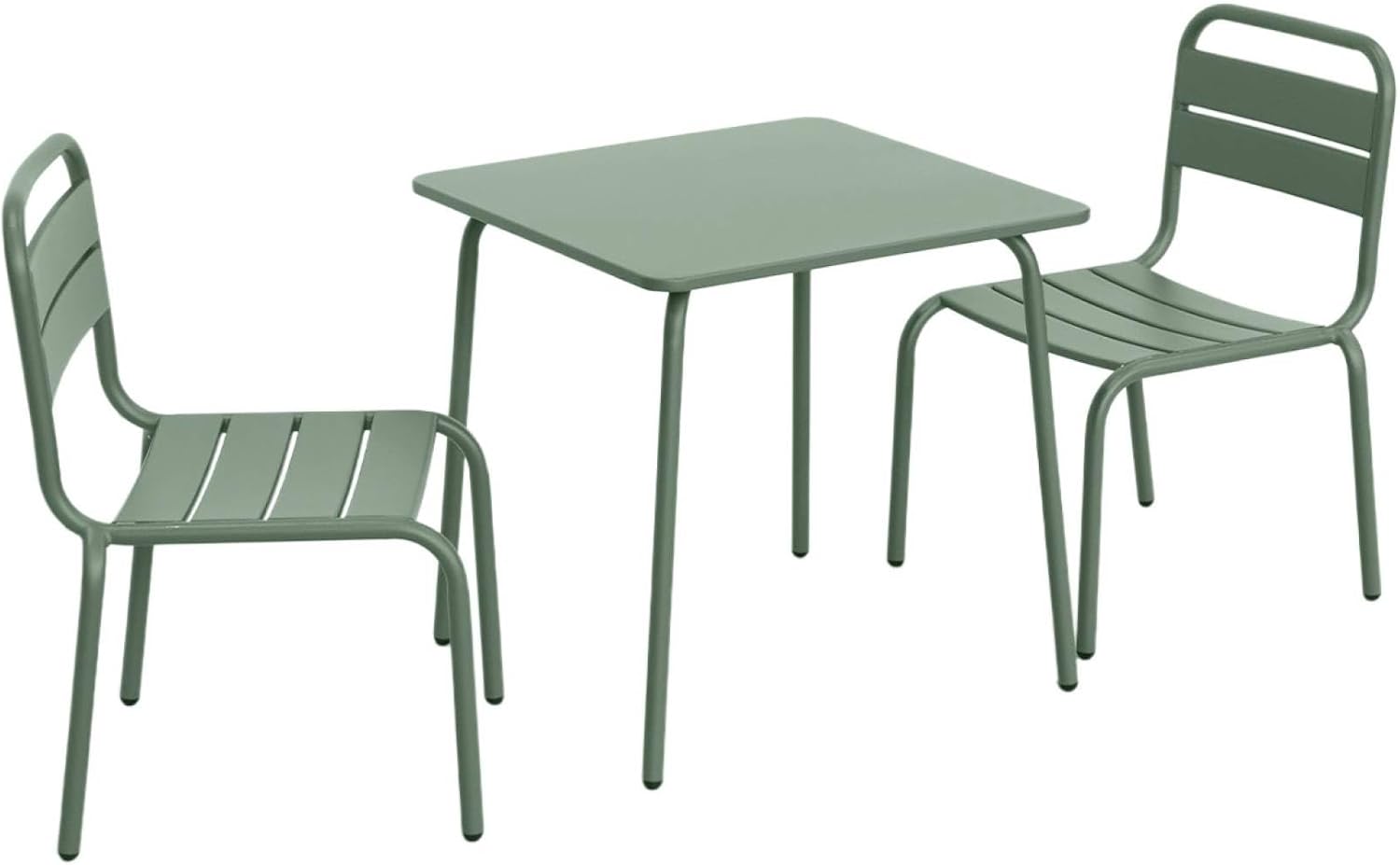 Ensembles de tables et chaises – Alice's Garden, sweeek - Table de Jardin Enfant métal + 2 assises Vert de Gris Anna. 48x48cm