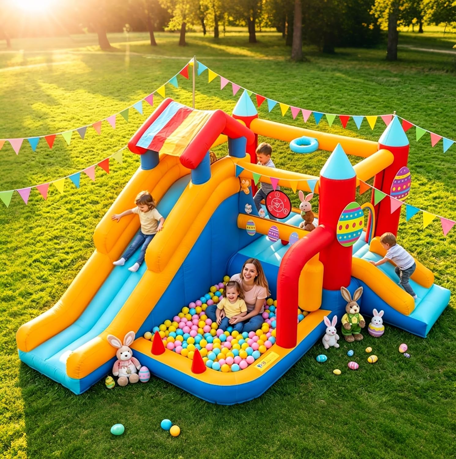 FOOING Chateau Gonflable Exterieur – FOOING Maison Gonflable 9 en 1 avec Soufflerie Air, Trampoline pour Enfant, Toboggan, Panier Basket