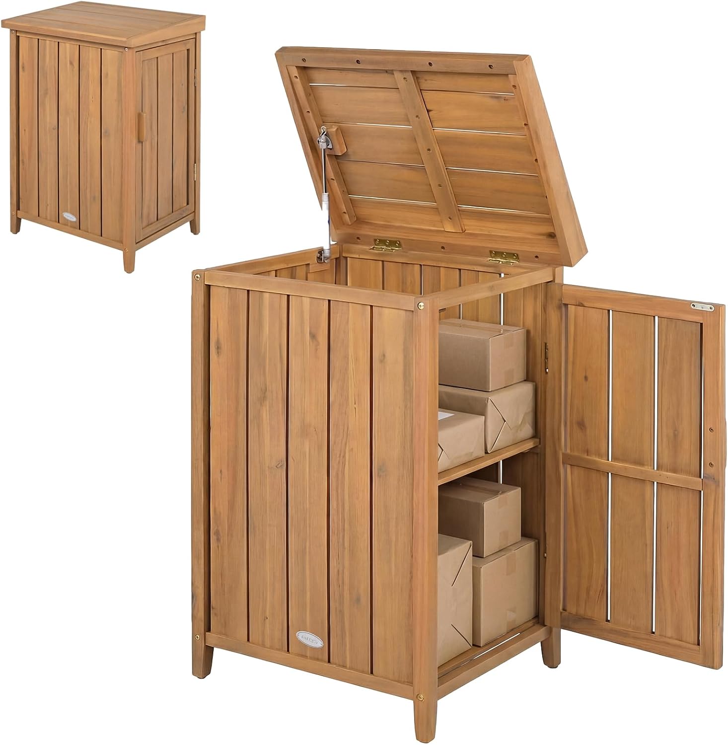Coffres de rangement – GYMAX, Armoire de Jardin en Bois Massif, Coffre de Rangement Extérieur avec Étagère Amovible et Couvercle Ouvrant
